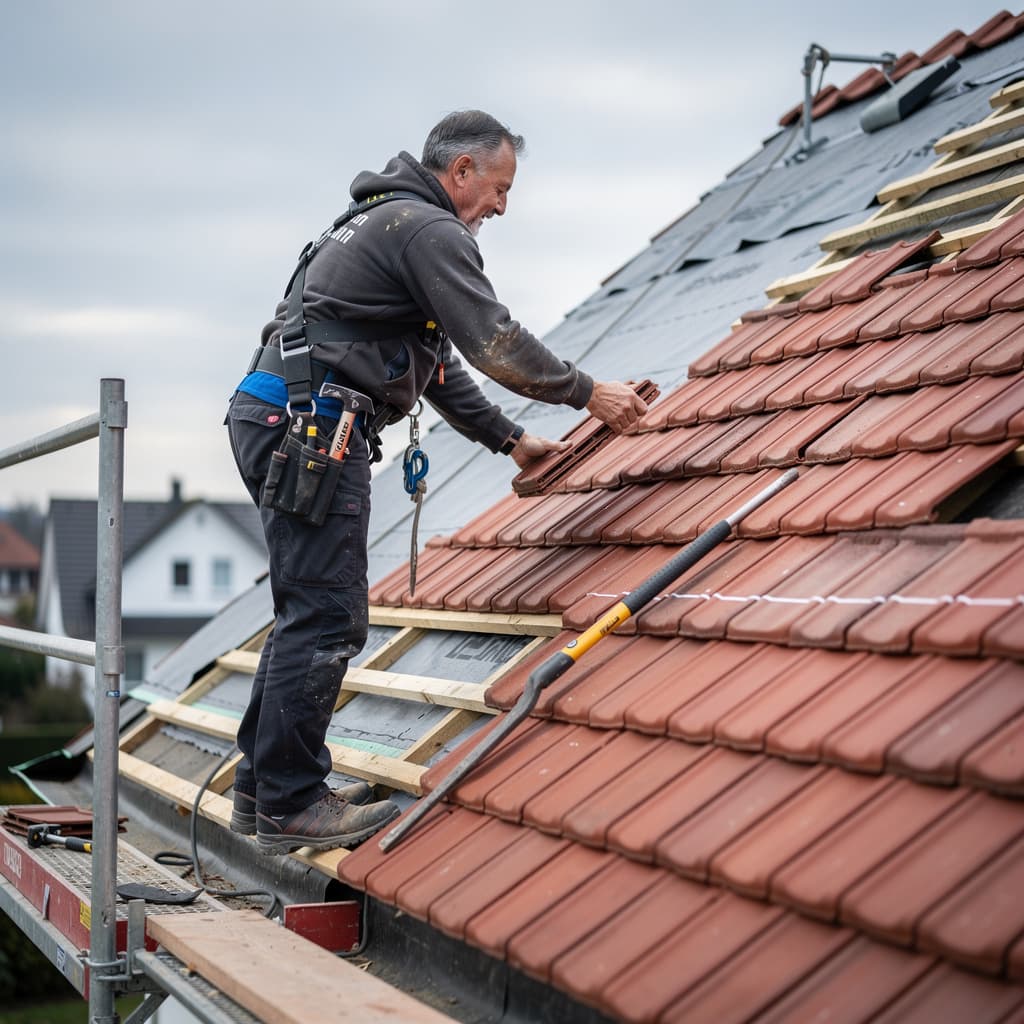 Dachdecker bei der Arbeit auf einem geneigten Dach – Symbolbild für Dachdeckerbetriebe