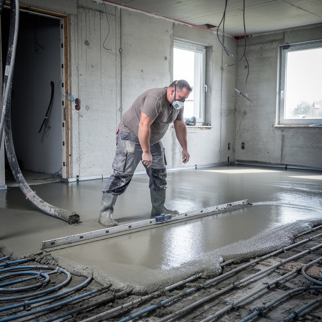 Estrichleger bei der Bodenbeschichtung auf der Baustelle – Symbolbild für Estrichbetriebe