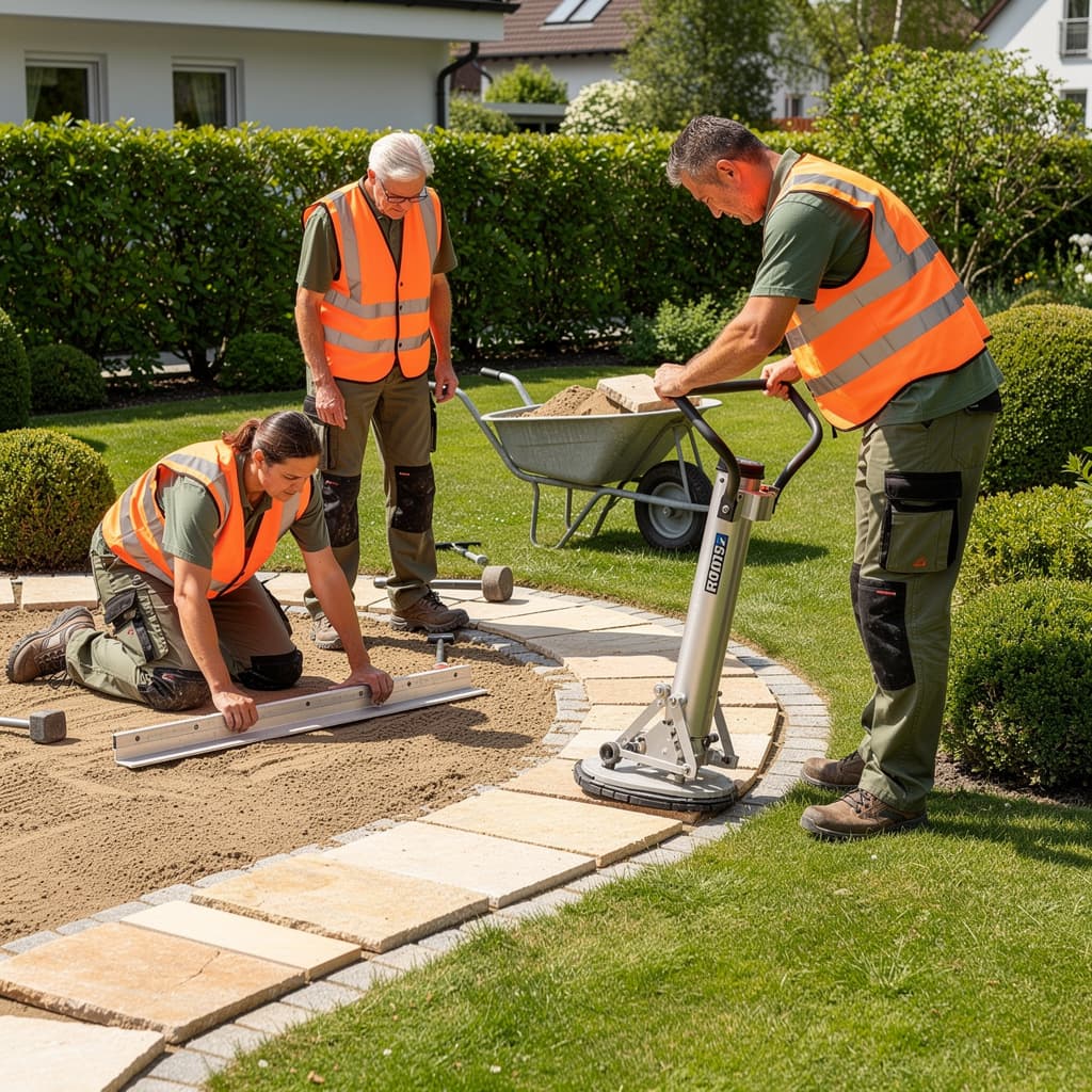 Gartenbauer bei der Gestaltung eines Außenbereichs – Symbolbild für GaLaBau