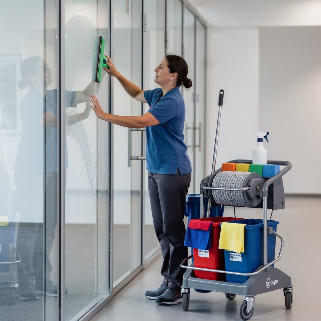 Reinigungskraft in einem Bürogebäude – Symbolbild für Gebäudereinigung