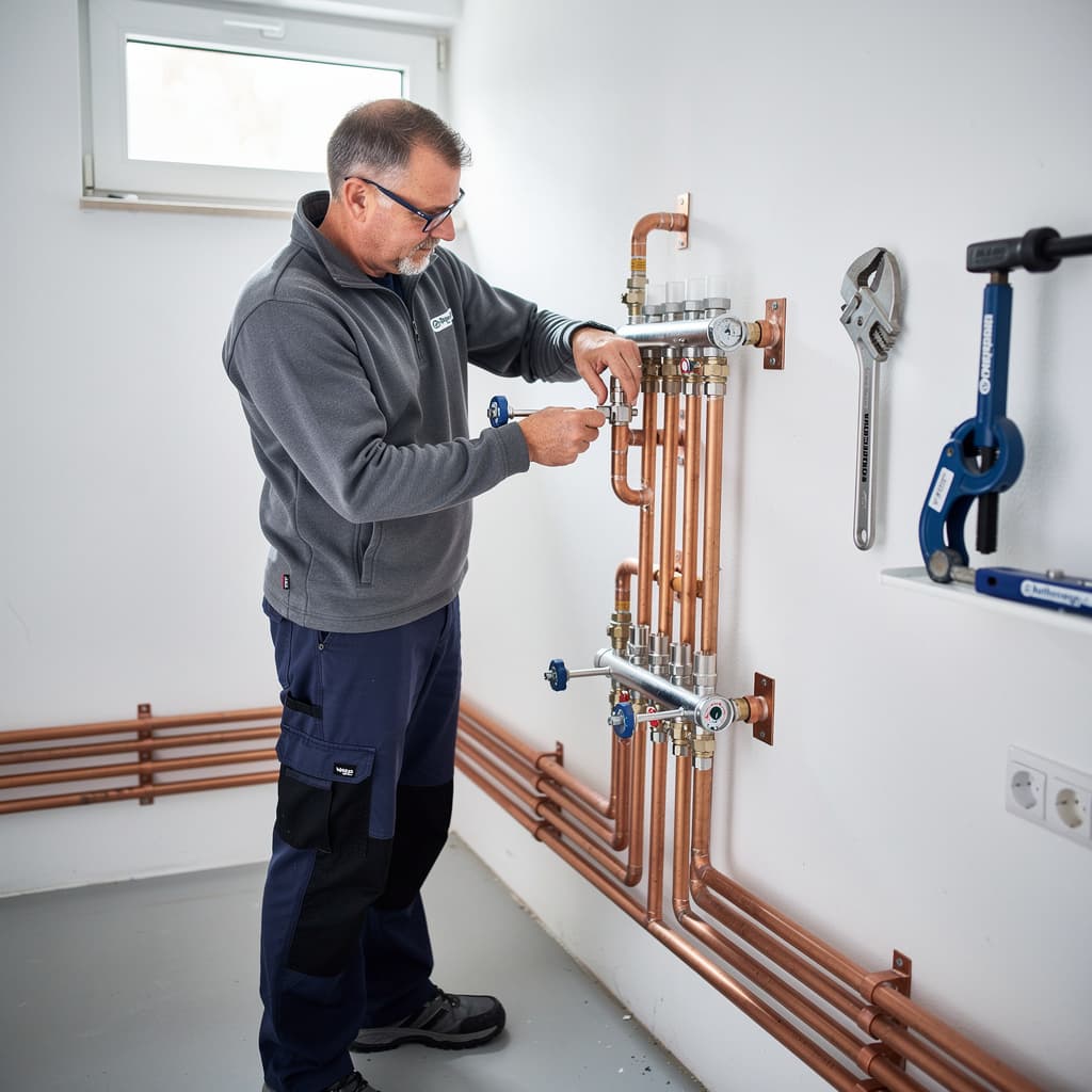 Installateur an modernen Rohrleitungen – Symbolbild für SHK-Betriebe