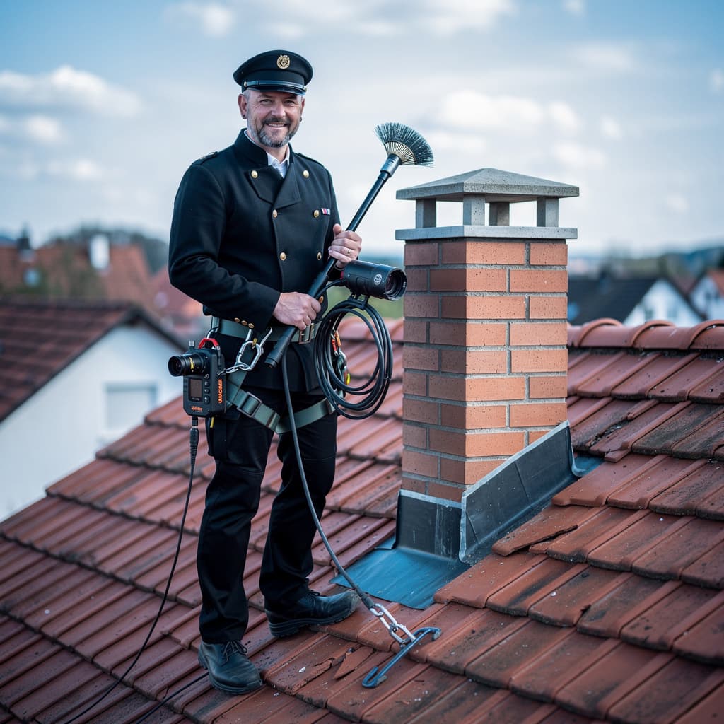 Schornsteinfeger auf dem Dach – Symbolbild für Schornsteinfegerhandwerk