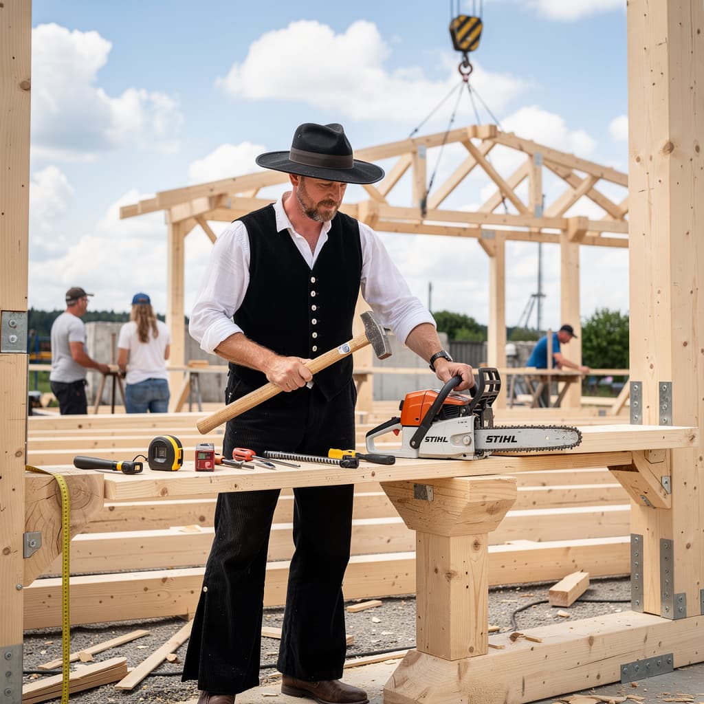 Zimmerer beim Holzfachwerkbau auf der Baustelle – Symbolbild für Holzbau