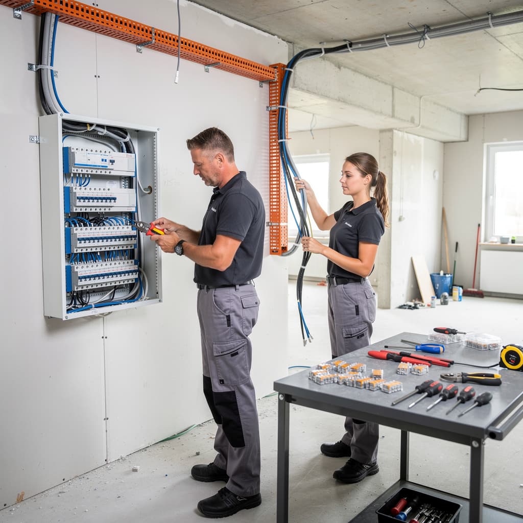 Elektriker bei der Montage in einem hellen Gewerbeobjekt – Symbolbild für digitale Auftragsverwaltung