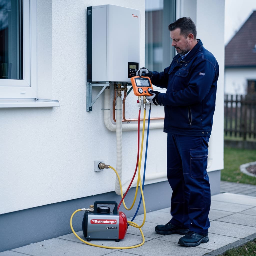 Techniker an einer Klimaanlage – Symbolbild für Kälte- und Klimatechnik