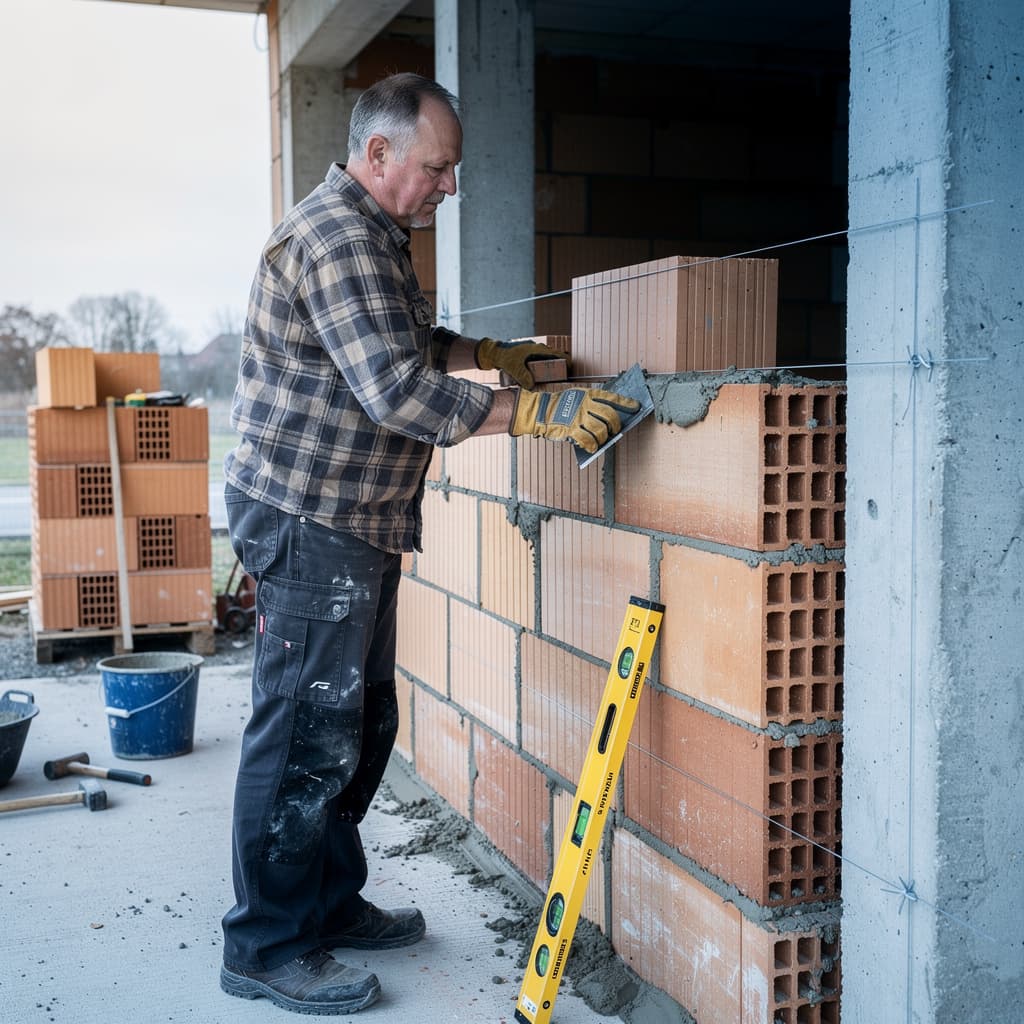 Maurer beim Mauerwerk auf der Baustelle – Symbolbild für Maurerbetriebe