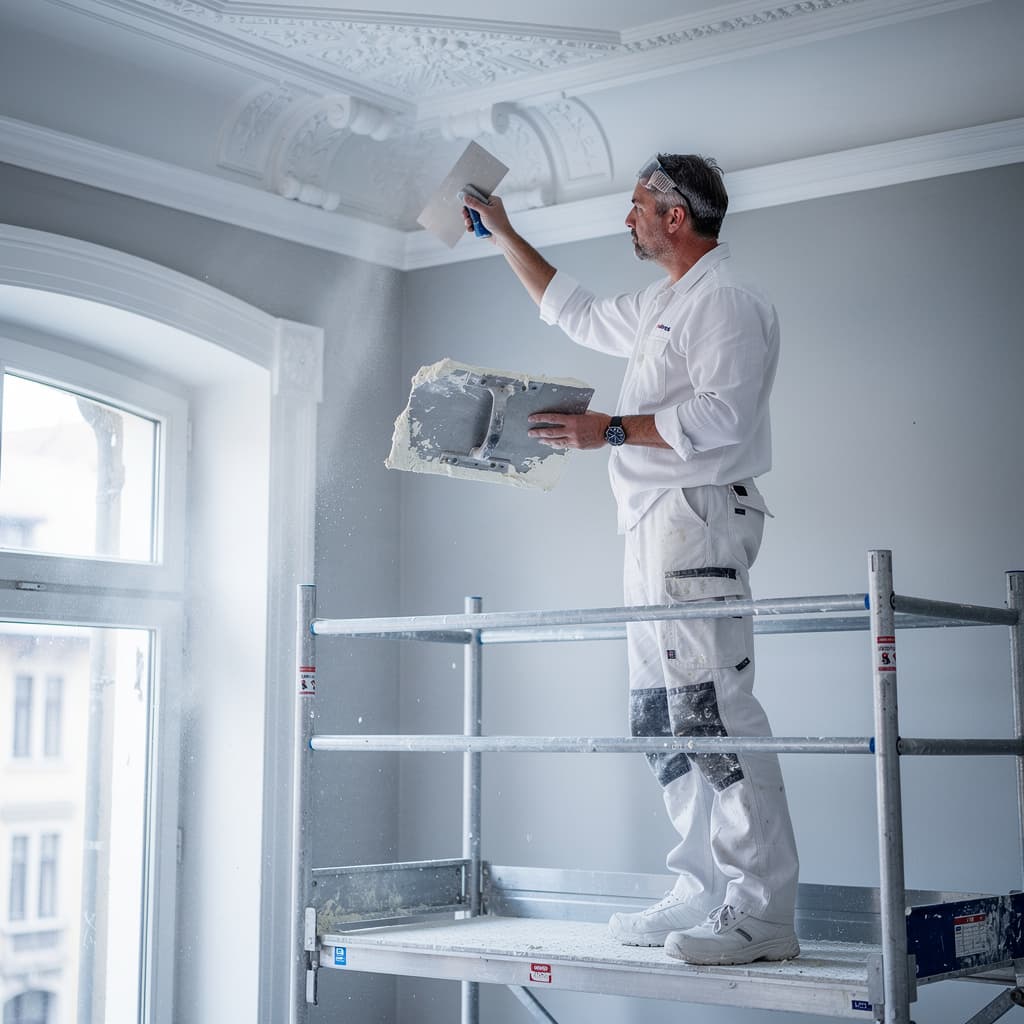 Stuckateur arbeitet an Stuck an der Decke – Symbolbild für Stuckateurbetriebe