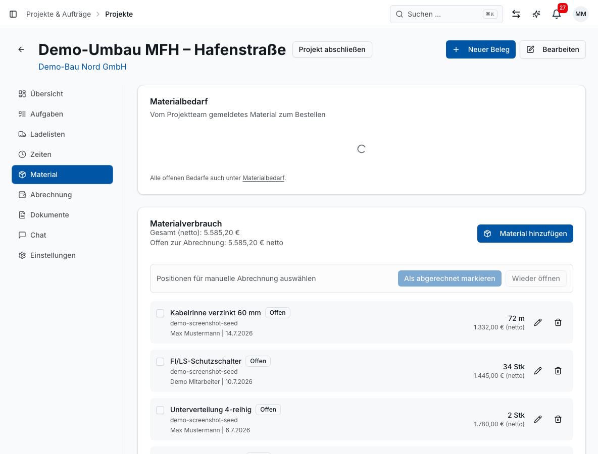 Materialverwaltung in Bleno – Produktansicht