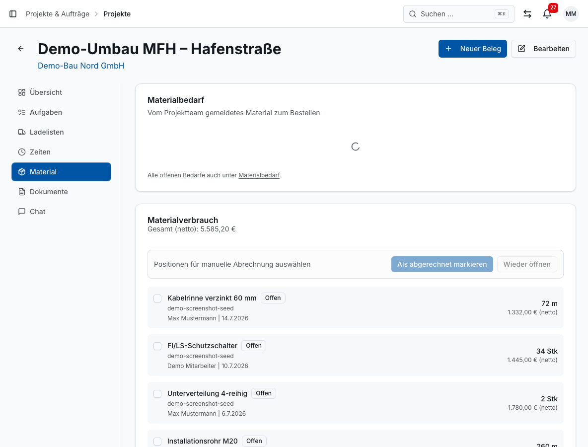 Materialverwaltung in Bleno: Material-Erfassung vor Ort