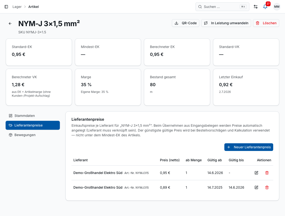 Materialverwaltung in Bleno: Stammdaten & Preise