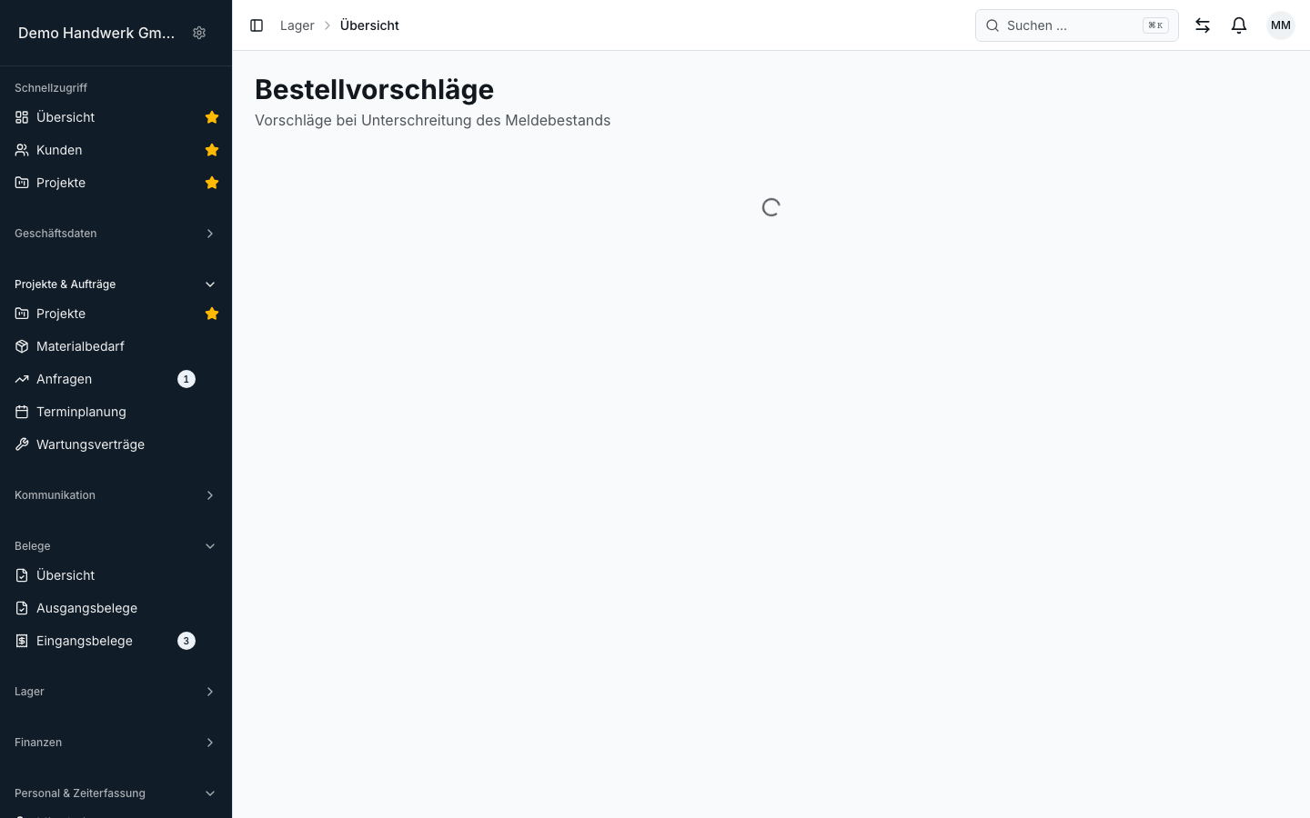 Materialverwaltung in Bleno: Lager & Bestellvorschläge