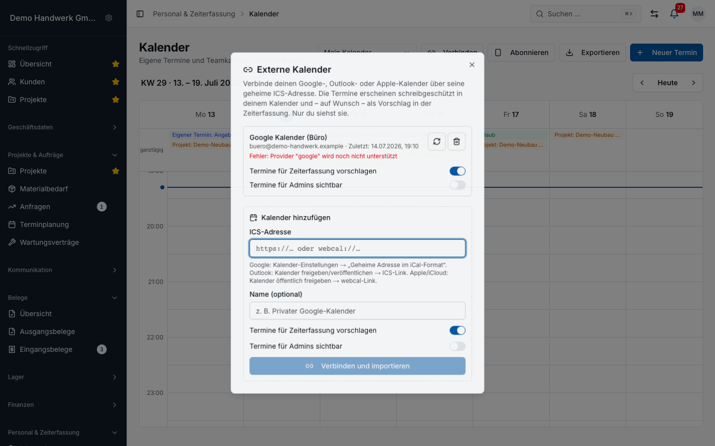 Teamplanung in Bleno: Externe Kalender & persönlicher Kalender