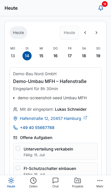 Bleno Mitarbeiter-App: Ansicht „Mein Tag“