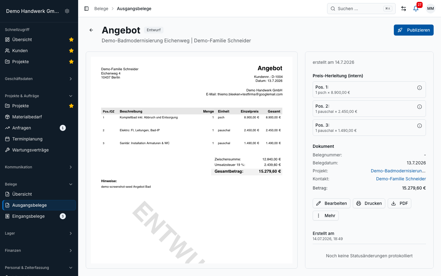 Bleno Büro-Ansicht: Angebot mit PDF-Vorschau