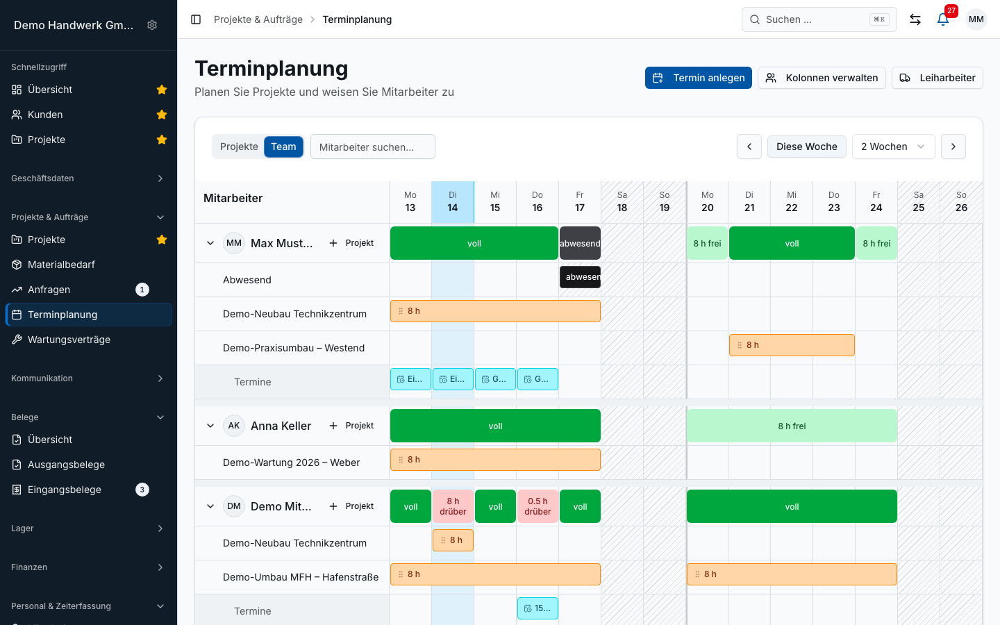 Bleno Büro-Ansicht: Teamplanung mit Einsätzen