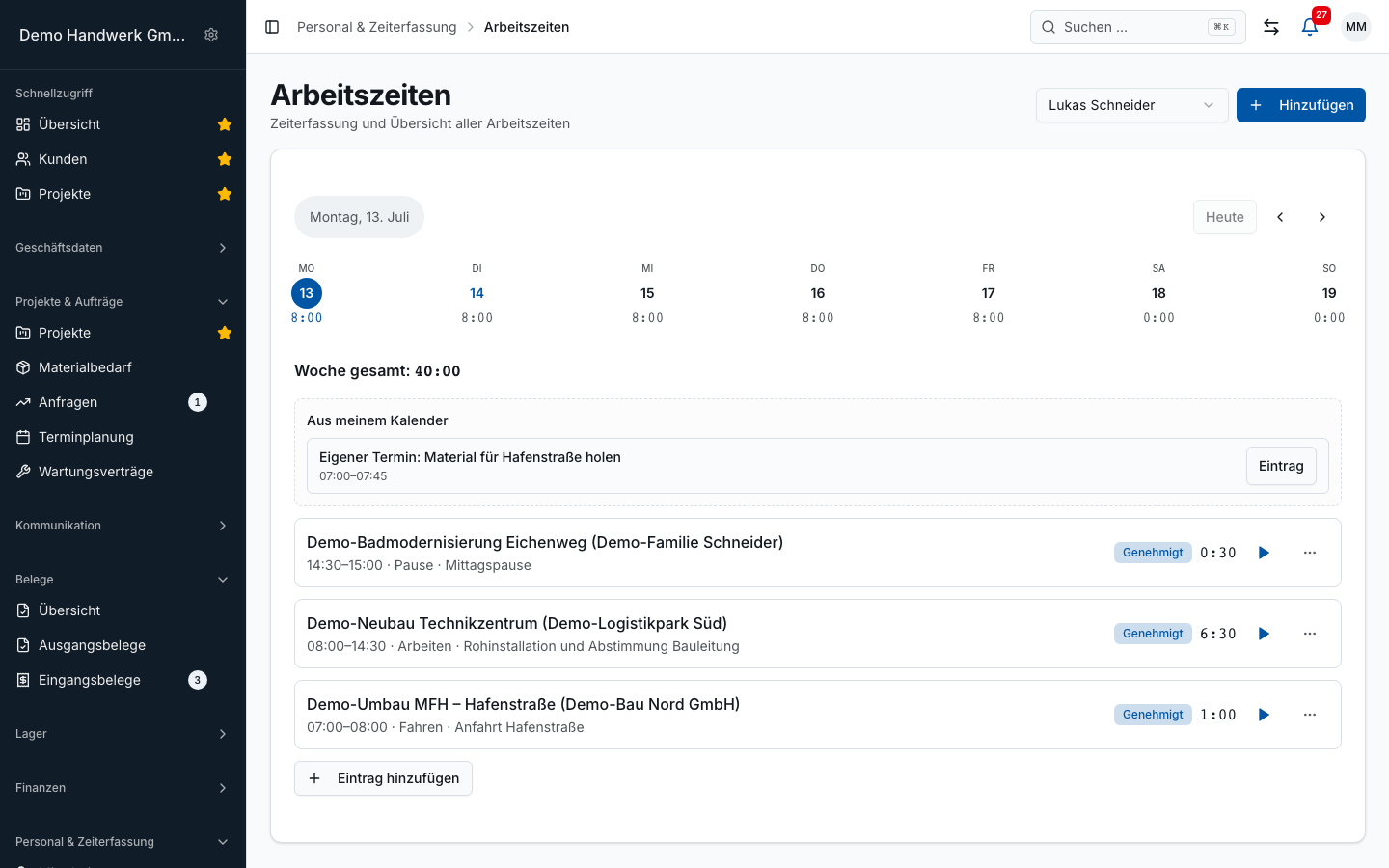 Bleno Büro-Ansicht: Zeiterfassung und Projektkontrolle