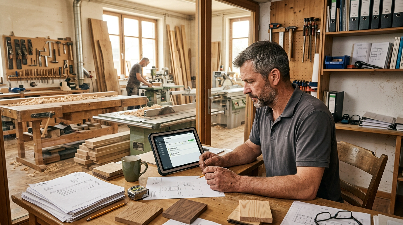 Tischler plant Aufträge am Tablet in der Werkstatt – digitale Organisation im Handwerk